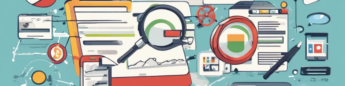An illustration of search engine optimization with files and documents behind a magnifying glass